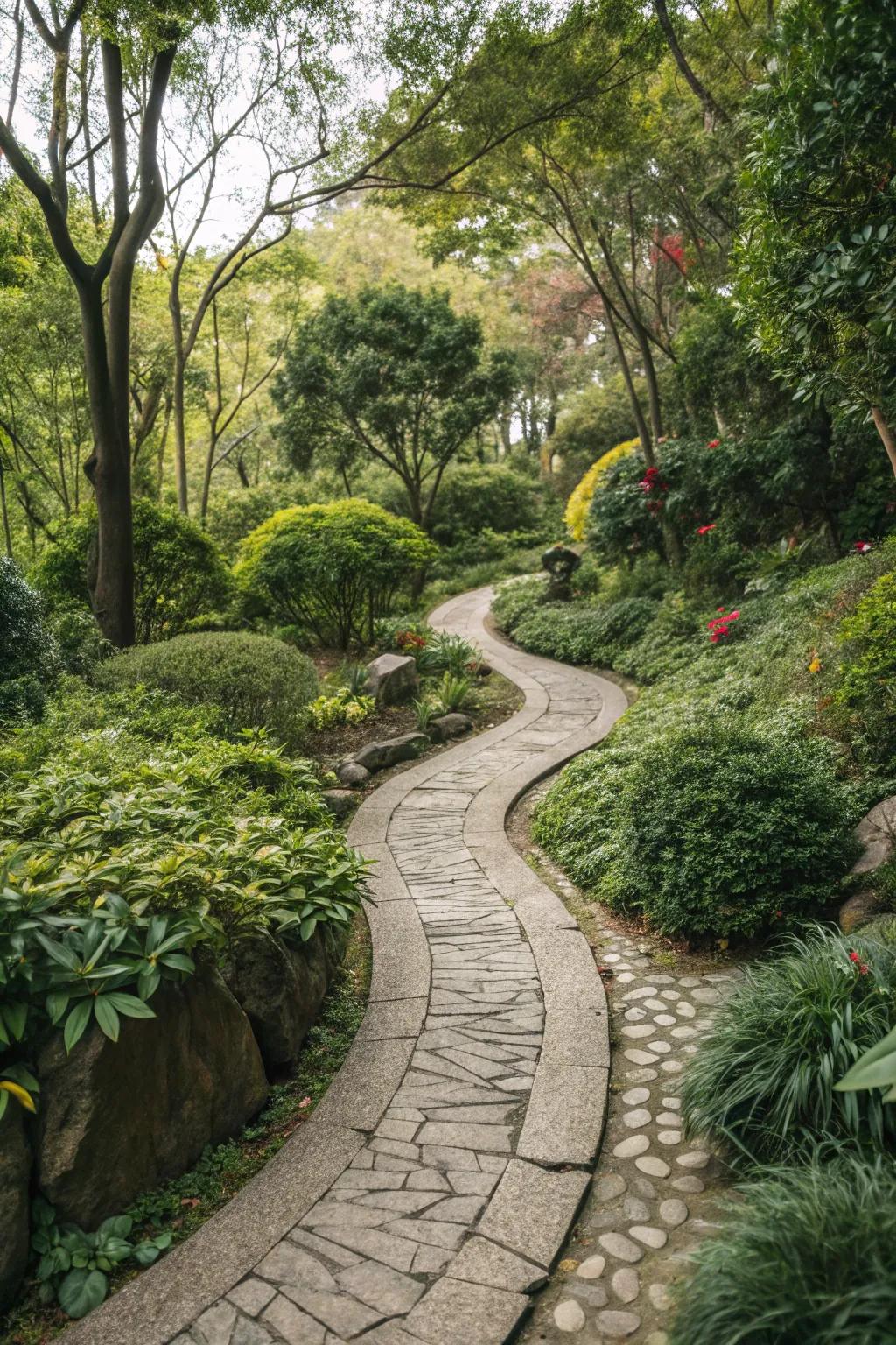 A stone pathway adds charm and guides you through your garden.
