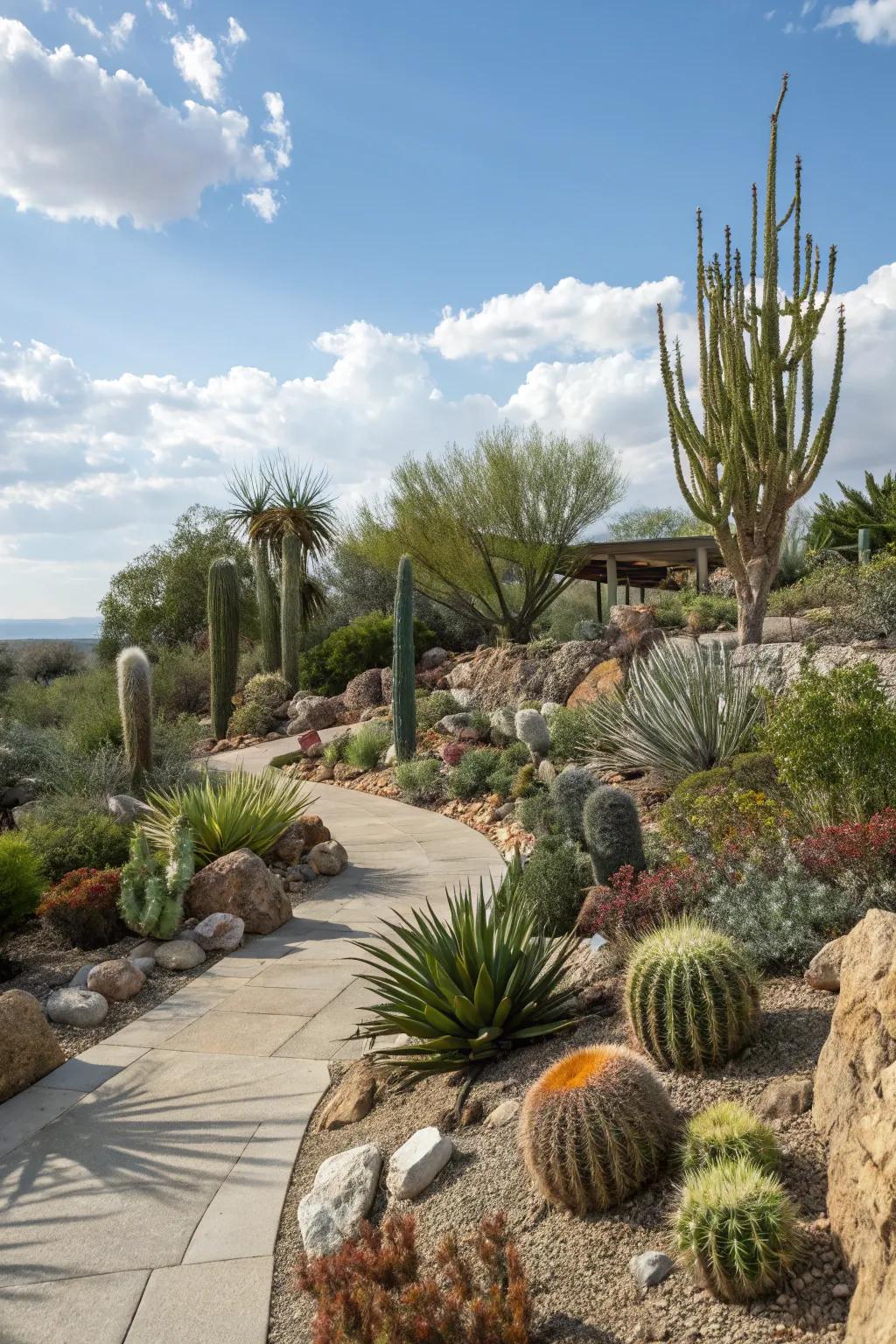 Xeriscaping thrives in dry areas and conserves water.