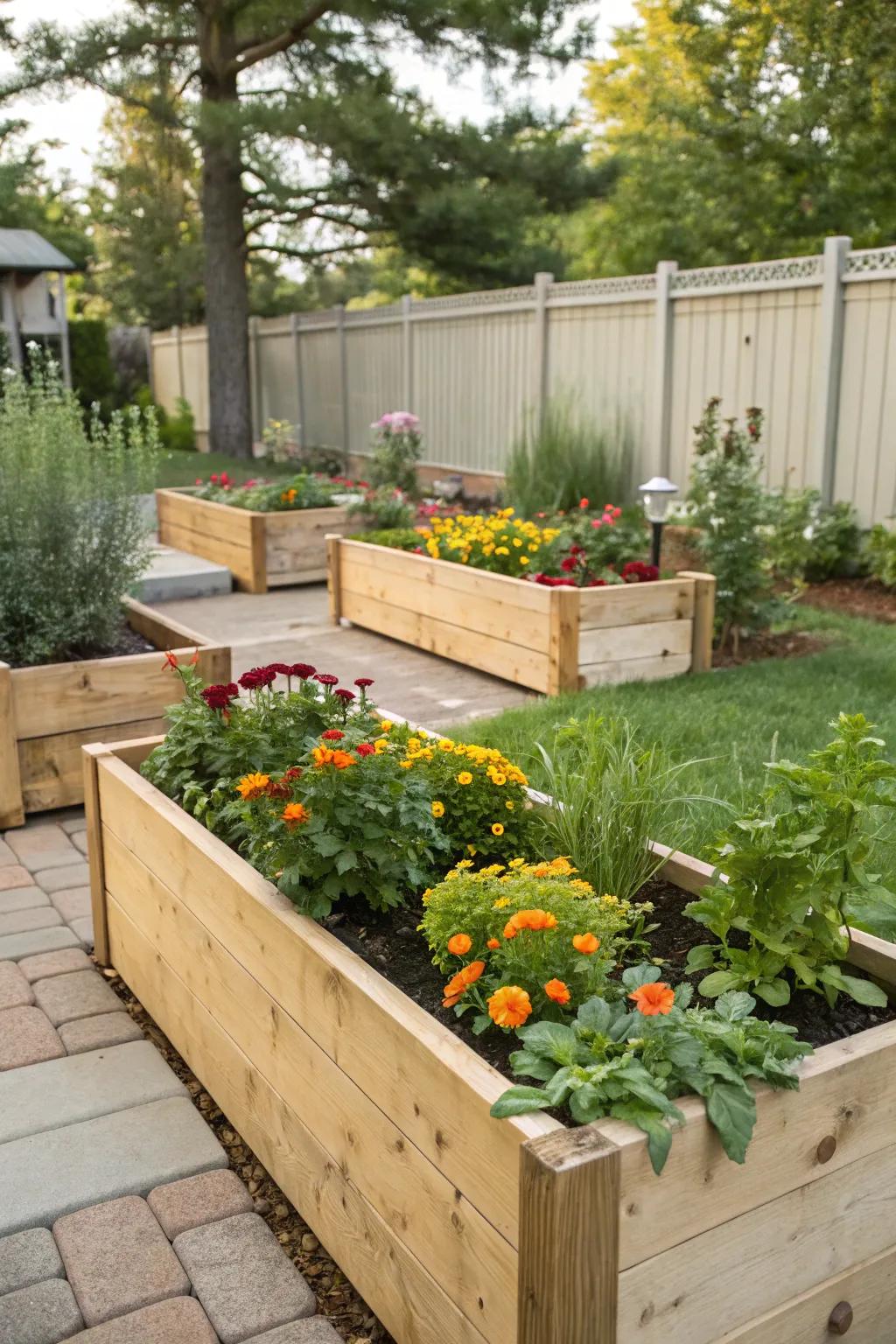 Use raised planters to add color and height to your garden.