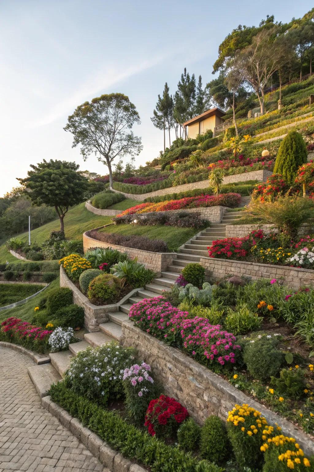 Terraced gardens create depth and manage slopes effectively.