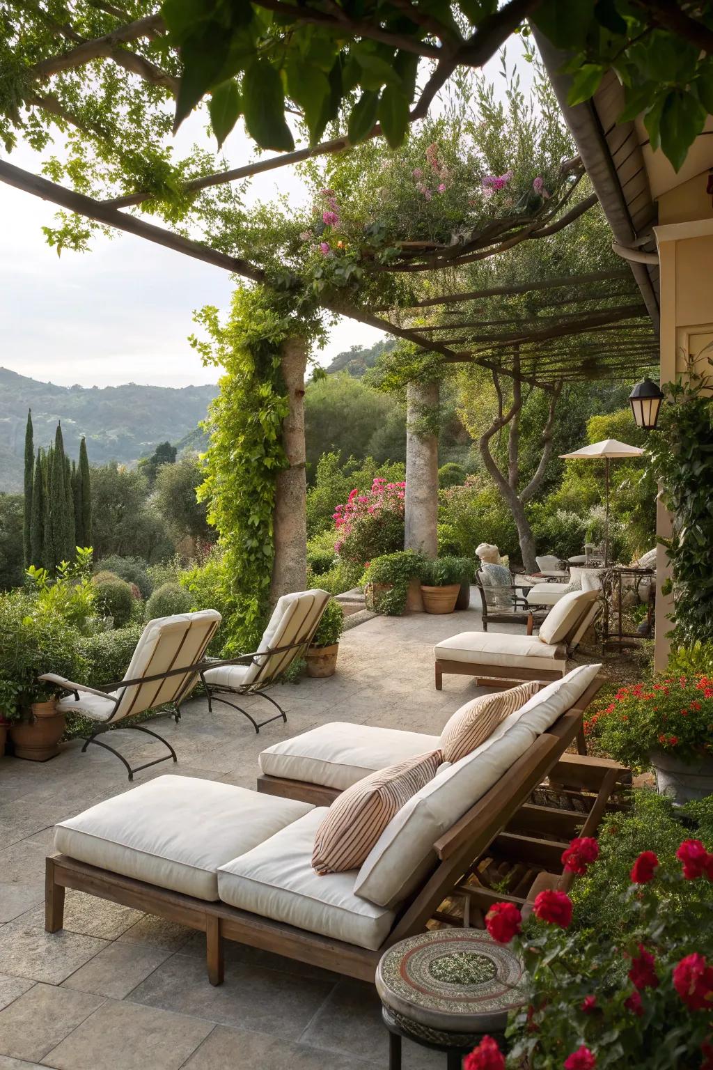 A cozy seating area on a garden terrace, perfect for relaxing with a book.