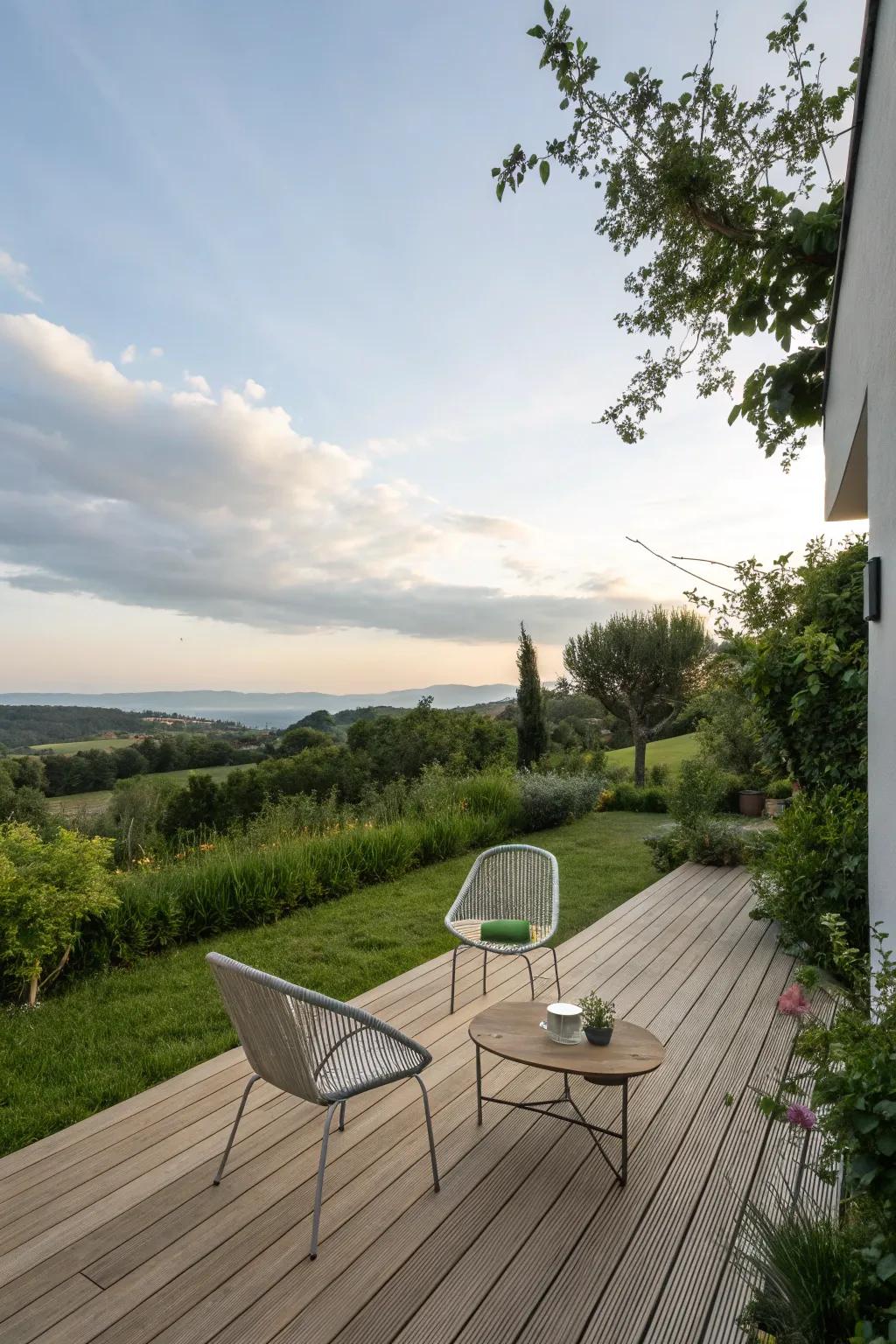 Sleek wooden decking providing a sophisticated base for a garden terrace.
