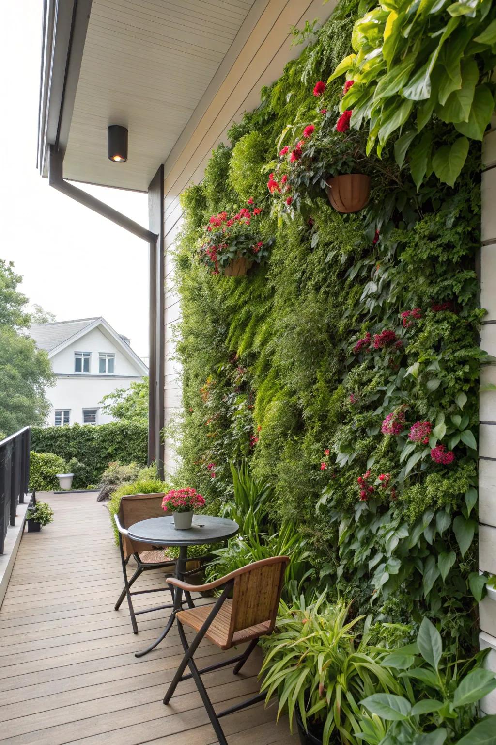 A striking vertical garden adding life and color to a garden terrace.
