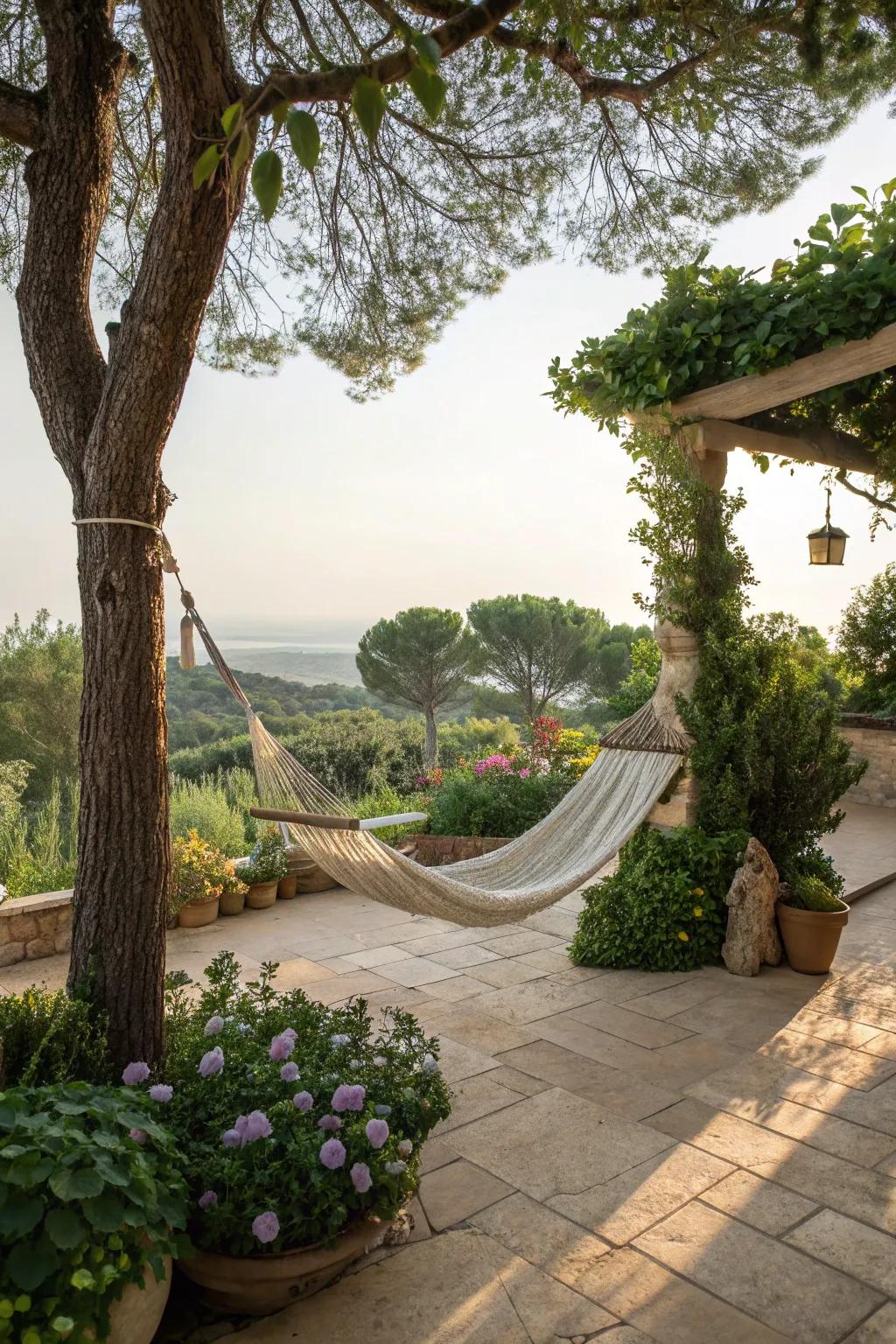 A relaxing hammock inviting you to unwind on a garden terrace.