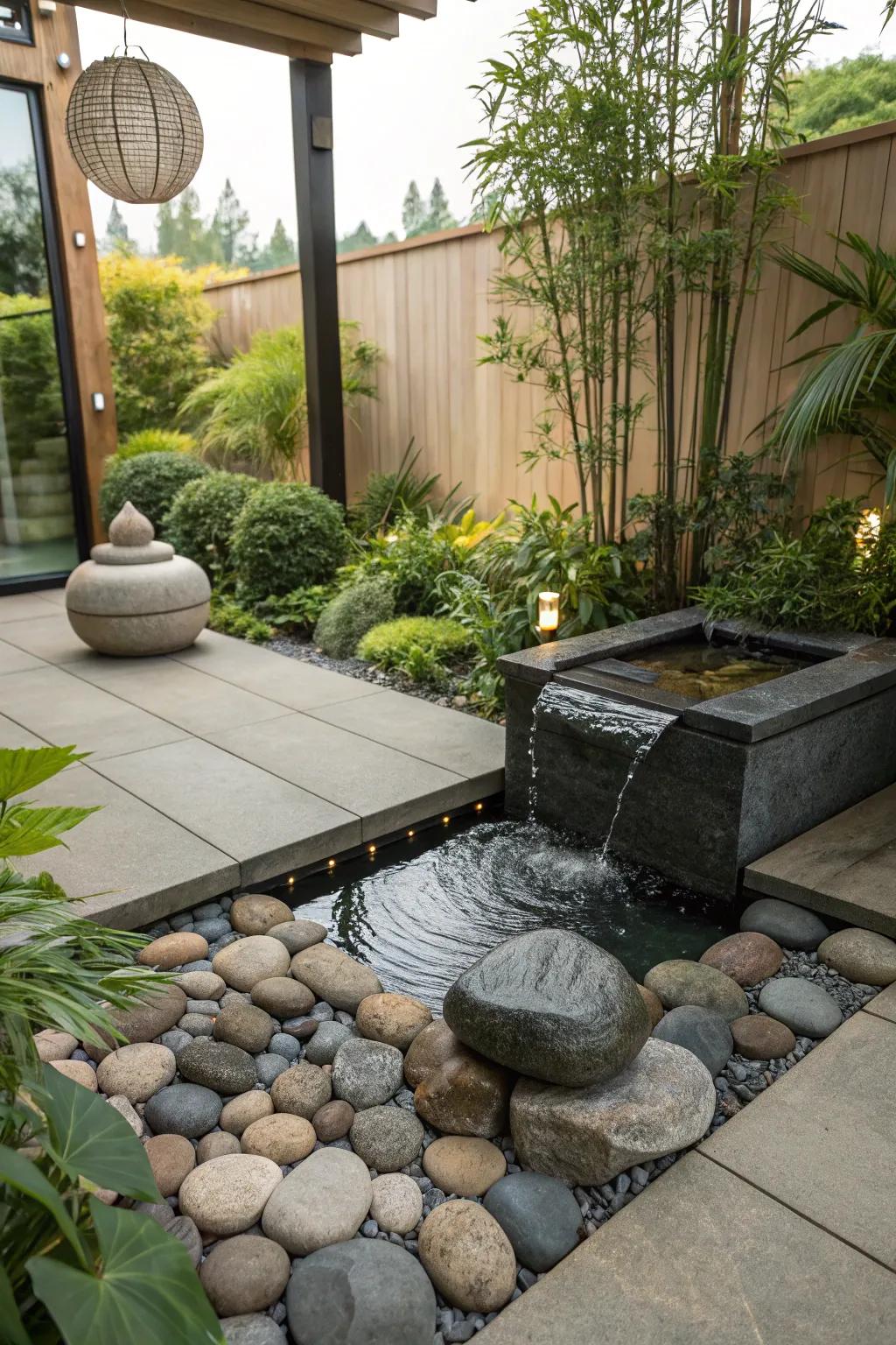 A peaceful Zen corner on a garden terrace, perfect for meditation.