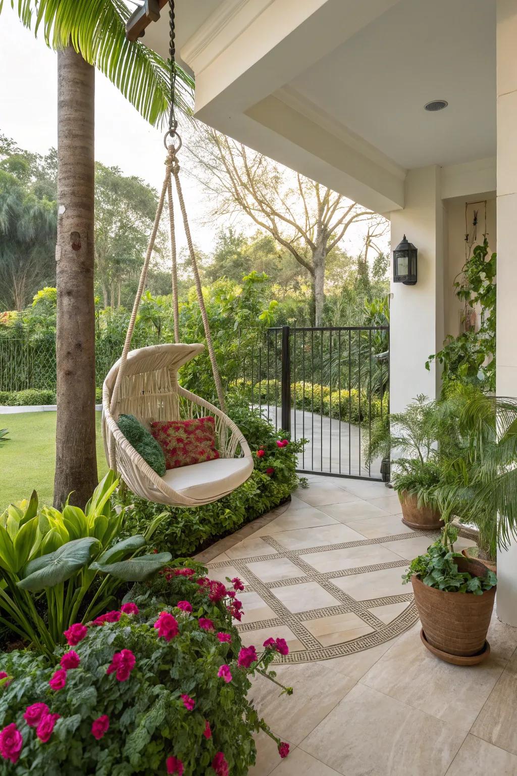 A stylish swing chair offering a playful touch to a garden terrace.