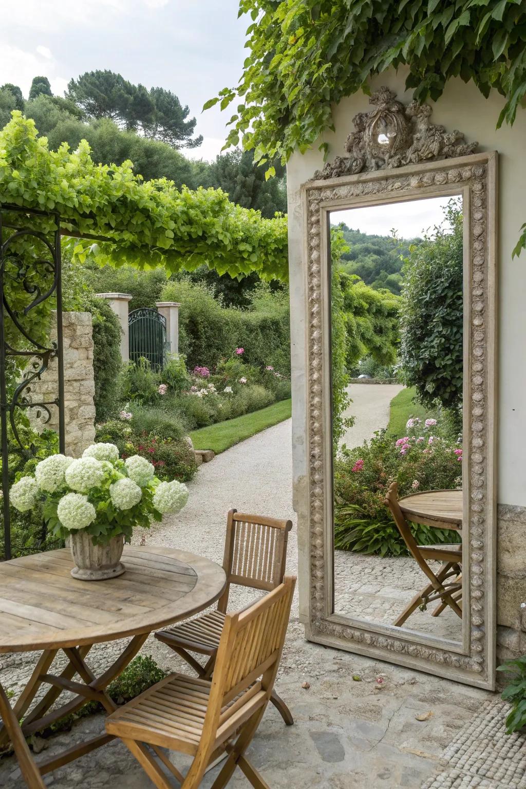 A decorative mirror enhancing the sense of space on a garden terrace.