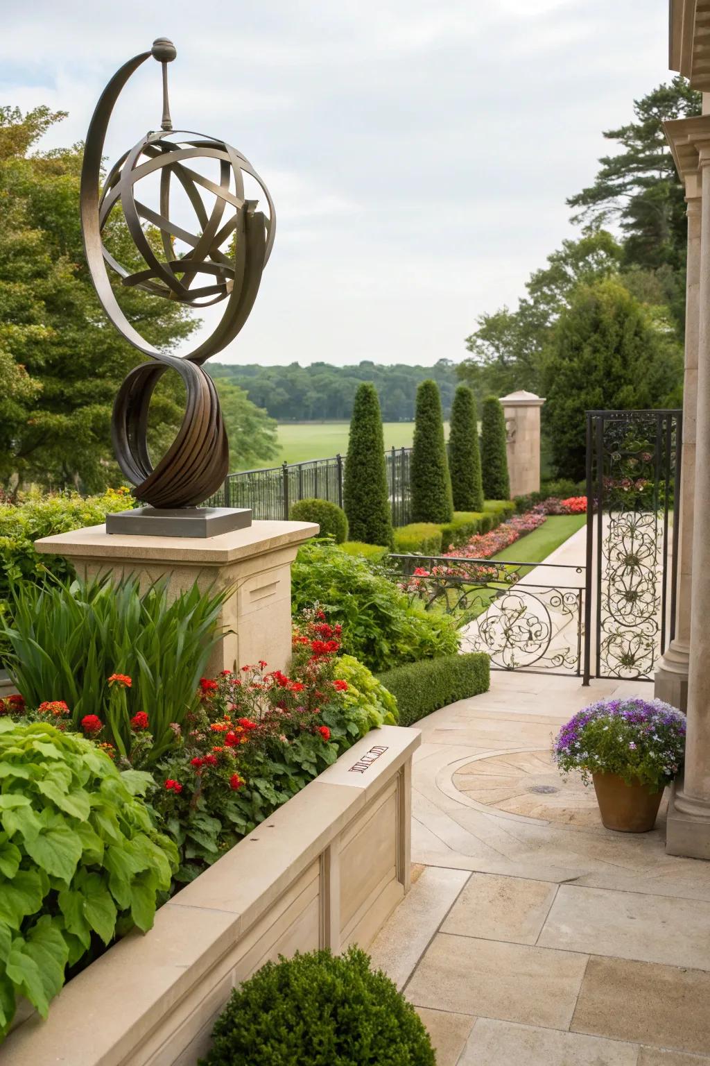 A contemporary sculpture adding elegance to a garden terrace.