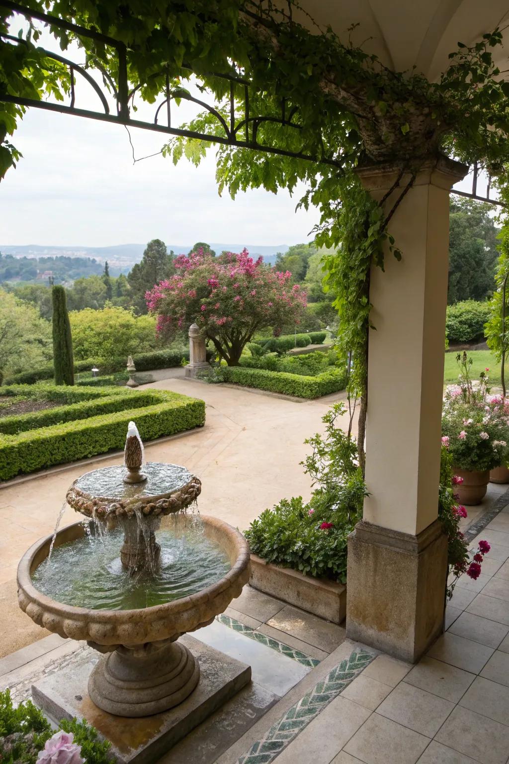 A tranquil water feature adding a soothing element to a garden terrace.