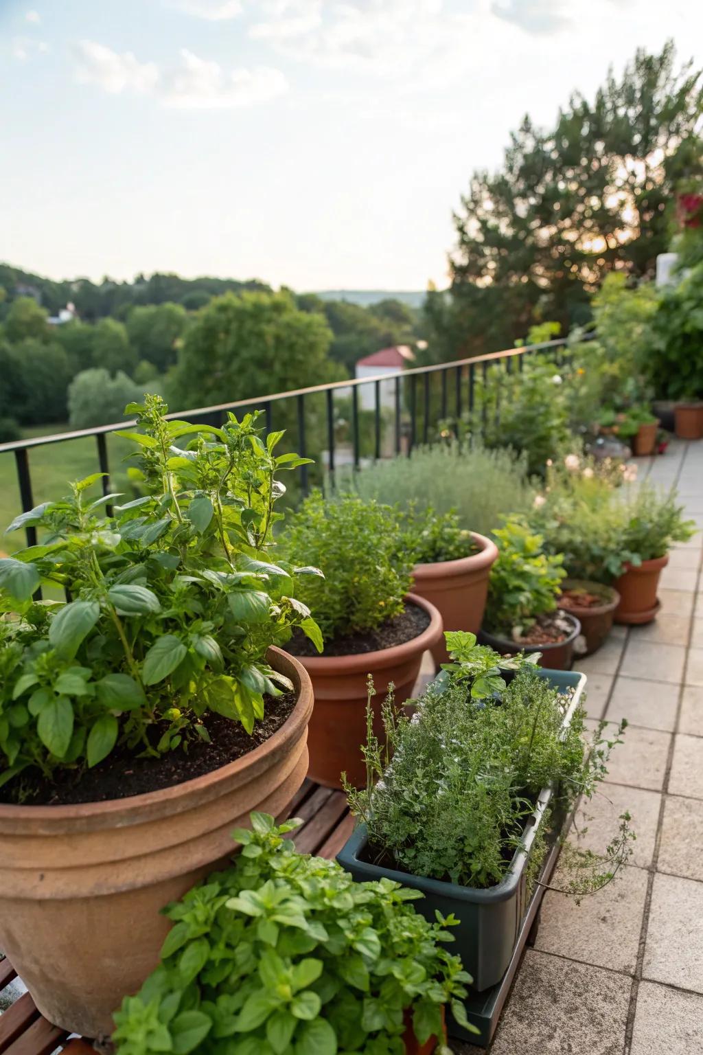A fragrant herb garden thriving on a garden terrace.