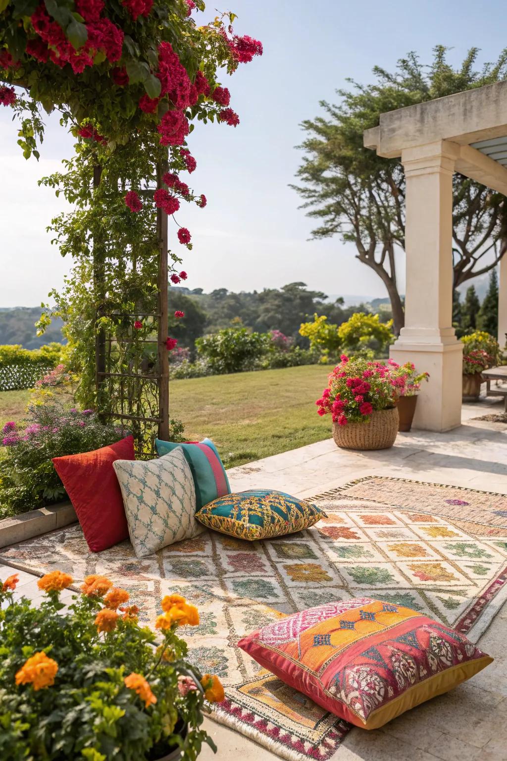 An inviting garden terrace with decorative pillows and rugs for added comfort.