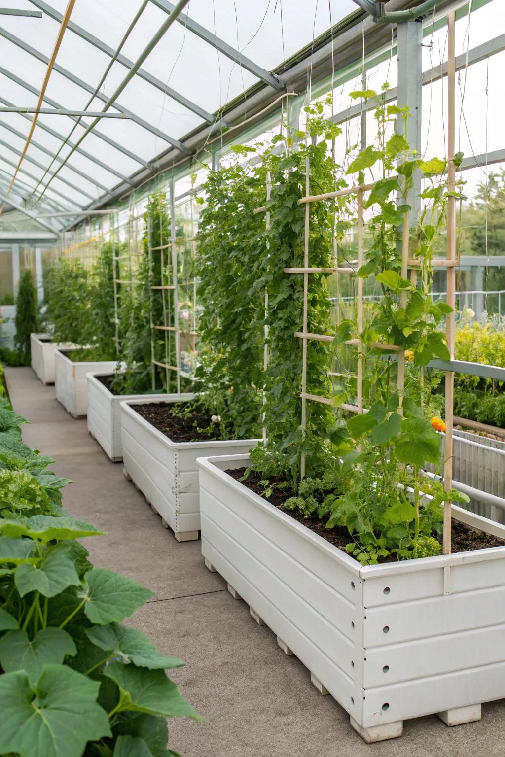 Grow vertically with planter boxes featuring trellises.