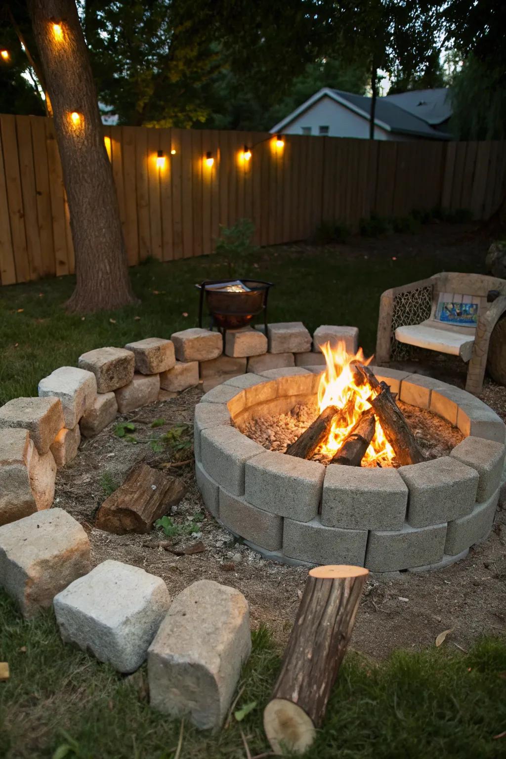 Repurposed materials make for a budget-friendly fire pit.