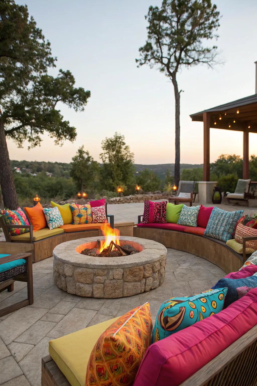 Colorful cushions add personality and comfort to the seating.