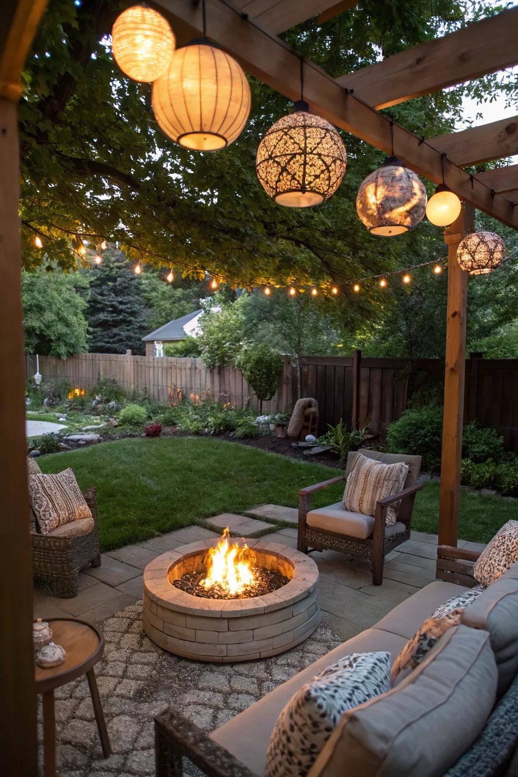Hanging lanterns bring whimsy and warmth to the fire pit area.