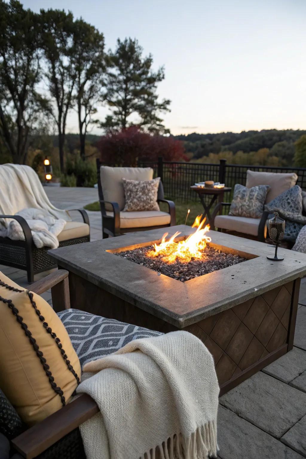 A fireproof tabletop adds functionality to the fire pit.
