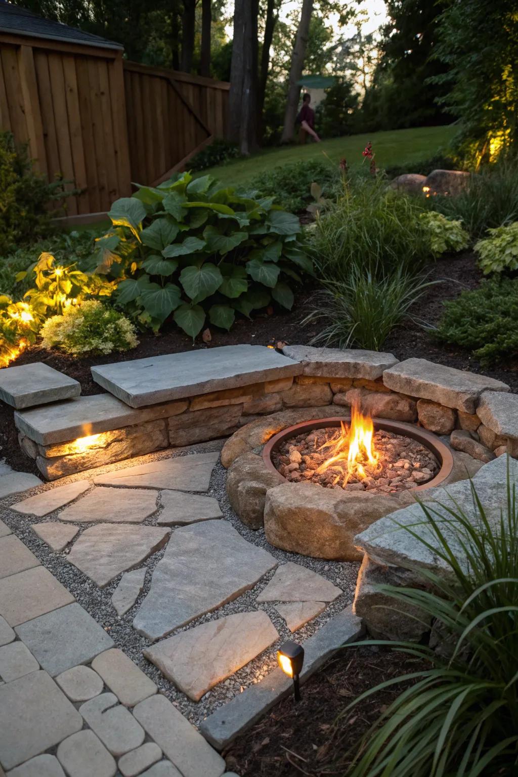 A natural stone border defines the fire pit area elegantly.