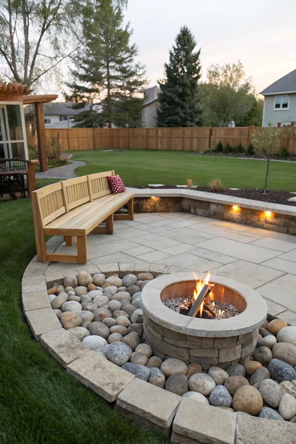 A wooden bench offers cozy seating around the fire.