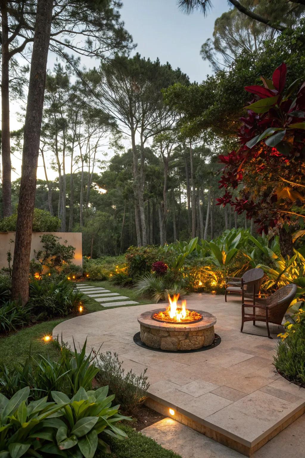 Lush greenery creates a natural, secluded feel around the fire pit.