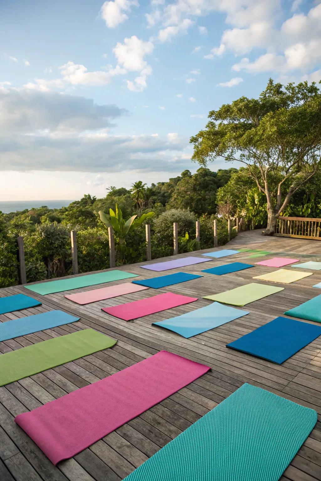 Outdoor yoga mats define your practice area and add comfort.