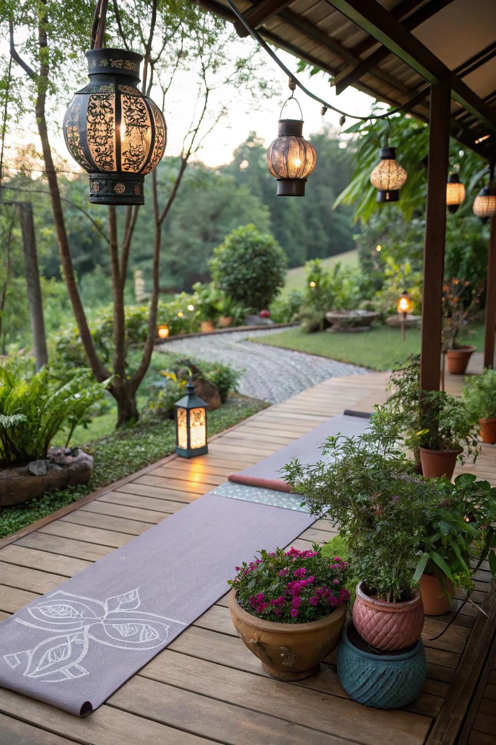 Decorative elements like lanterns and plants add personal charm to your yoga deck.
