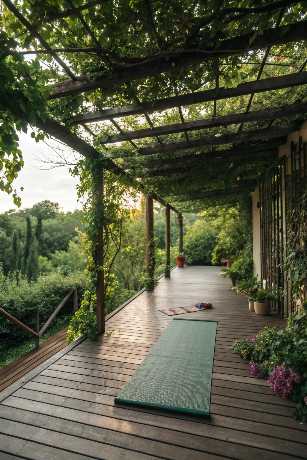 A pergola with climbing plants offers a shaded retreat for outdoor yoga.
