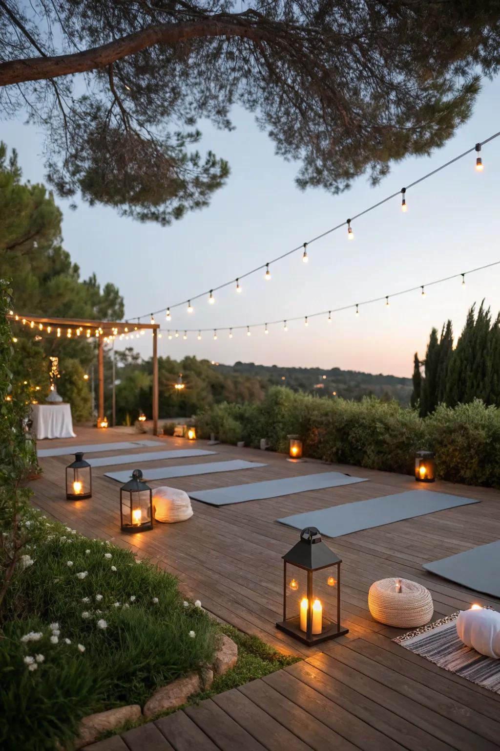 Soft lighting adds a serene glow to your yoga deck, perfect for evening sessions.