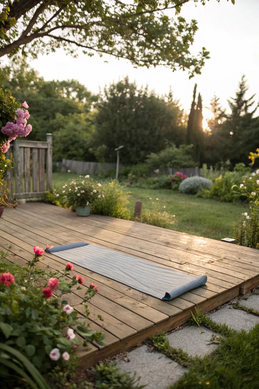 Wooden decking provides a natural and warm base for your yoga practice.