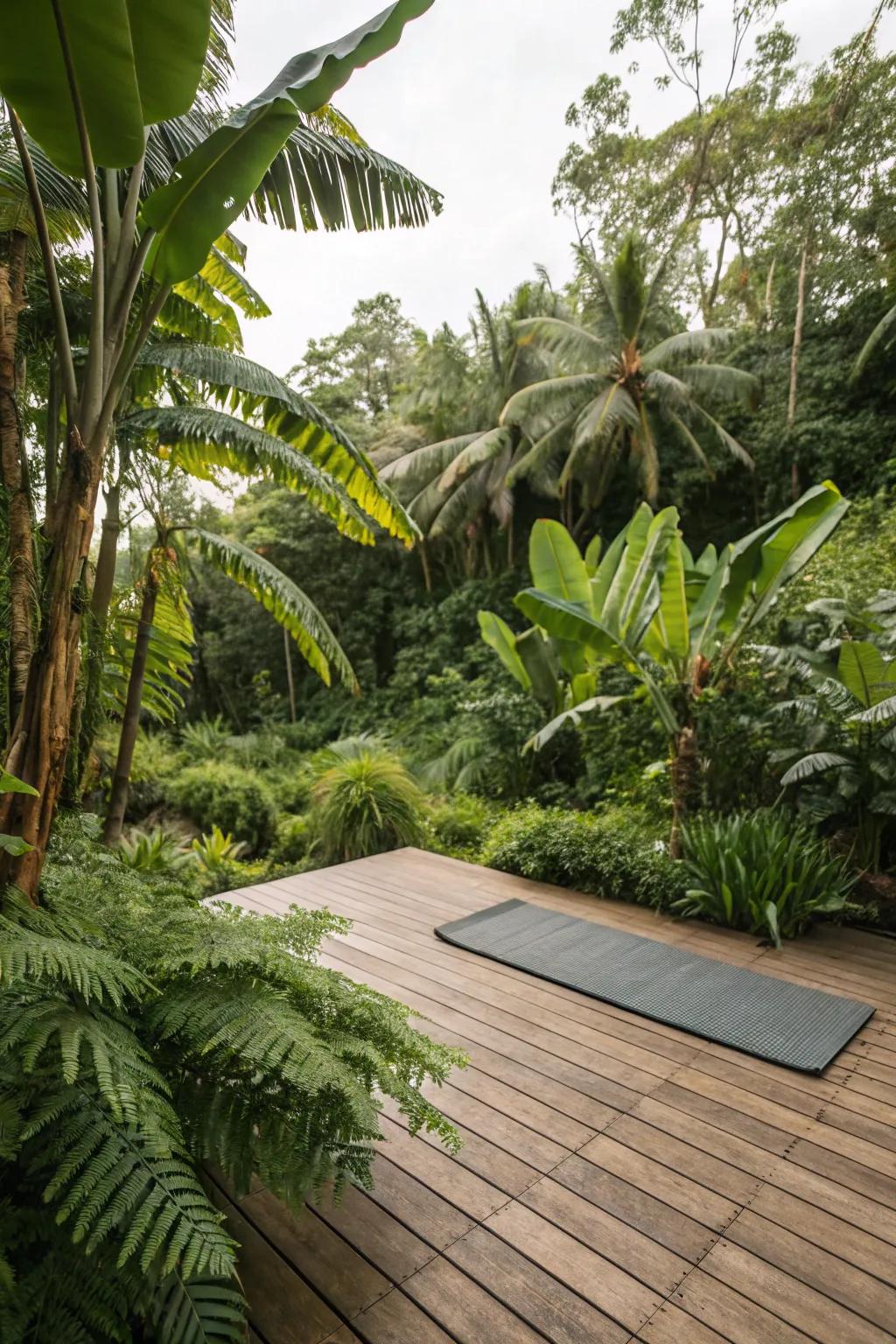 Tropical plants bring a vibrant, lush atmosphere to your yoga deck.