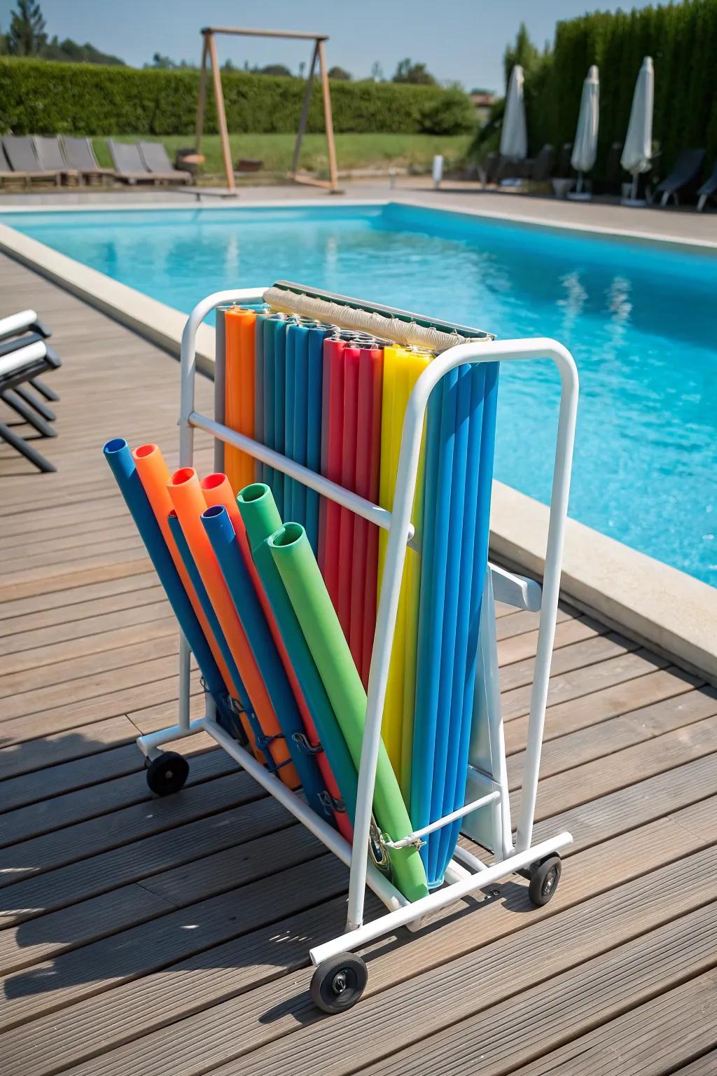 Portable racks add flexibility to pool noodle storage solutions.