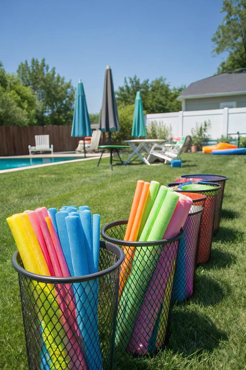 Mesh bins make for a practical and stylish pool noodle storage solution.