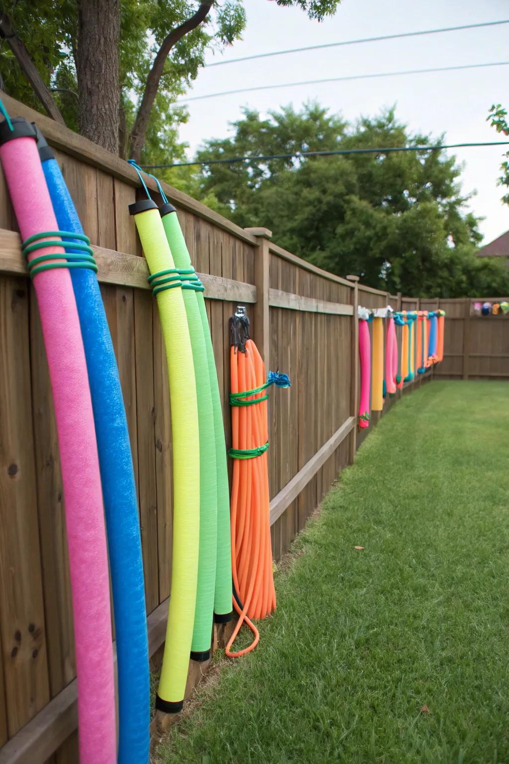Bungee cords offer a colorful and secure way to store pool noodles.