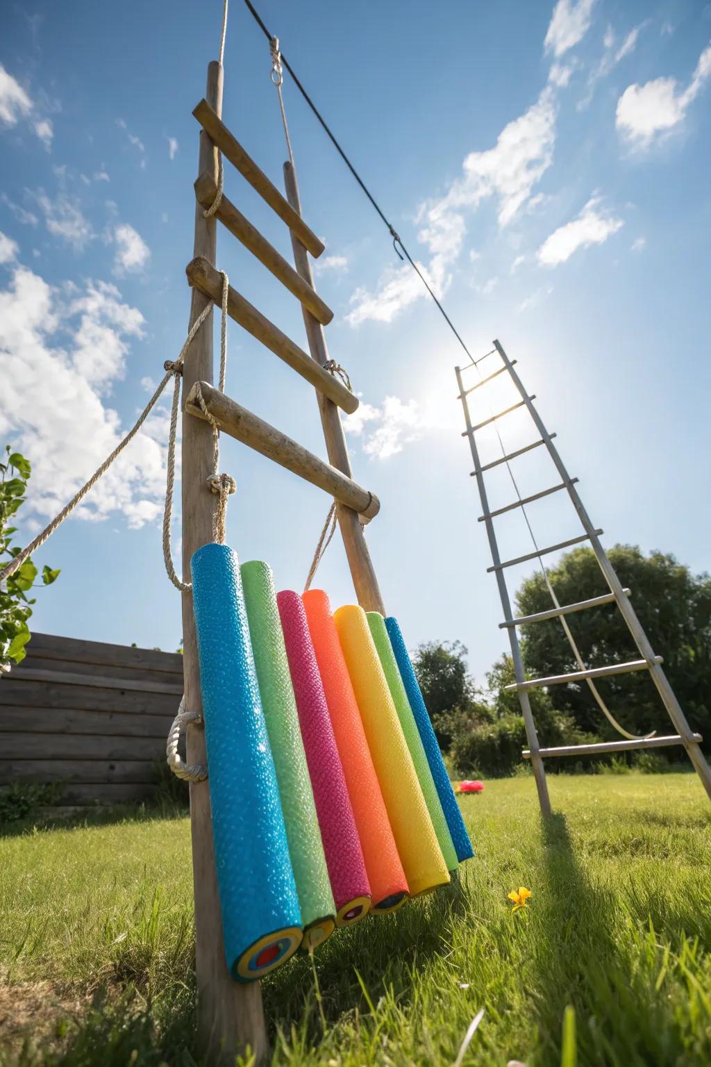 A rope ladder adds a decorative and nautical touch to pool noodle storage.