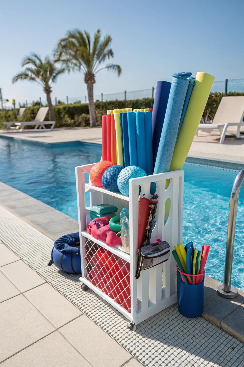A multipurpose holder efficiently organizes pool noodles and accessories.