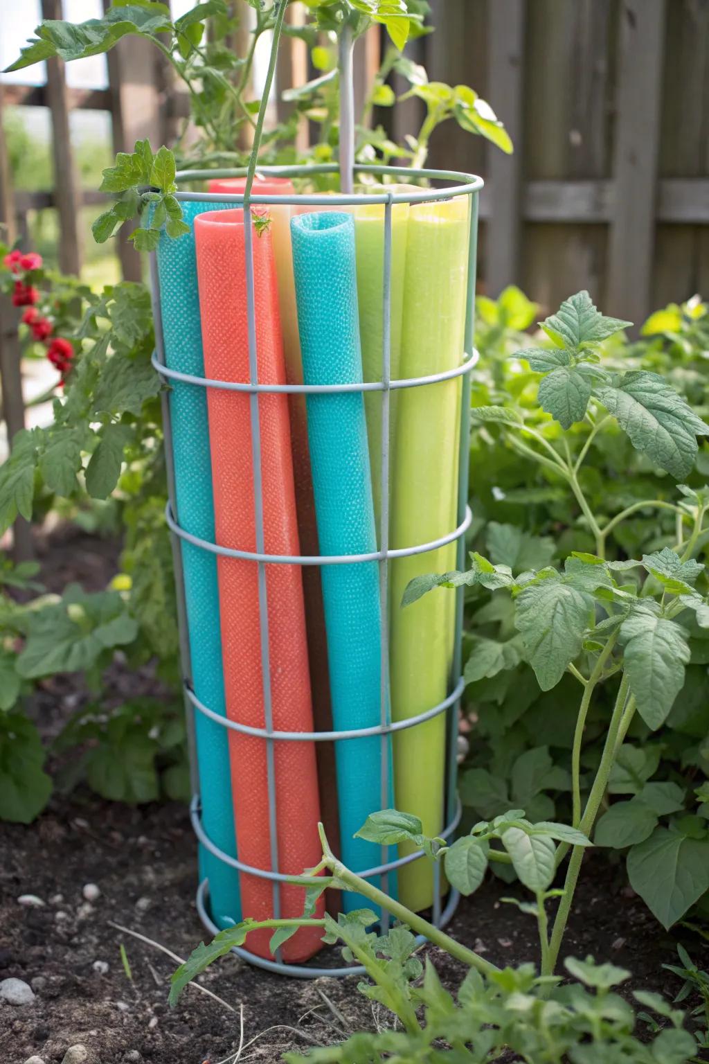A tomato cage provides an unexpected and practical storage solution for pool noodles.