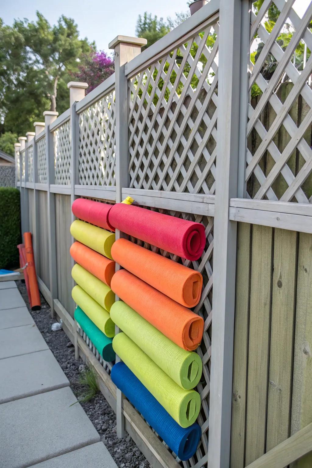 A lattice panel creates an organized and stylish storage space for pool noodles.