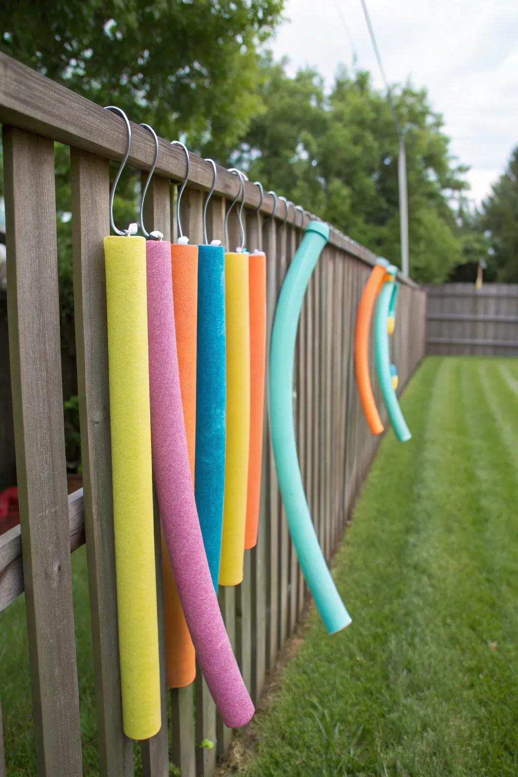 Fence hooks provide a colorful and space-saving storage option for pool noodles.