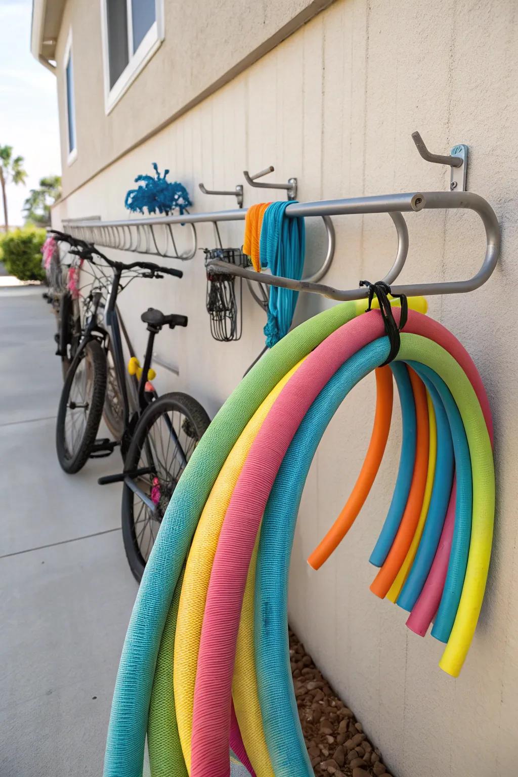 Bike rack hooks offer flexible and efficient storage for pool noodles.