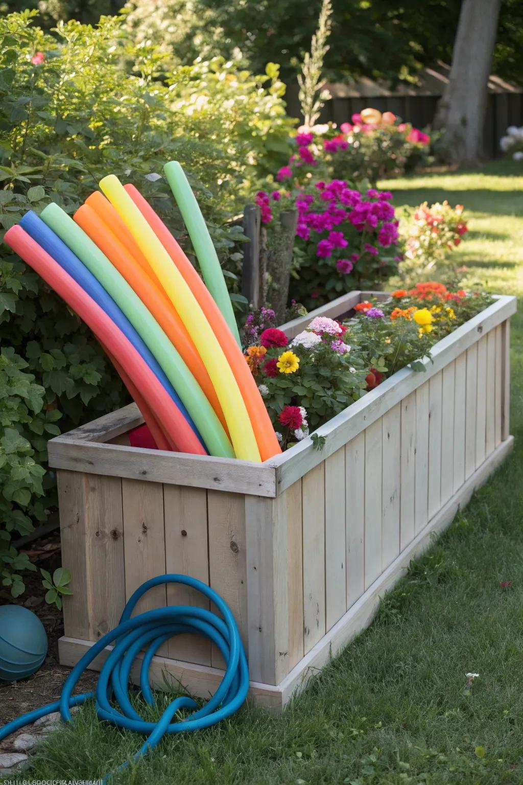A repurposed planter box combines nature and storage for pool noodles.