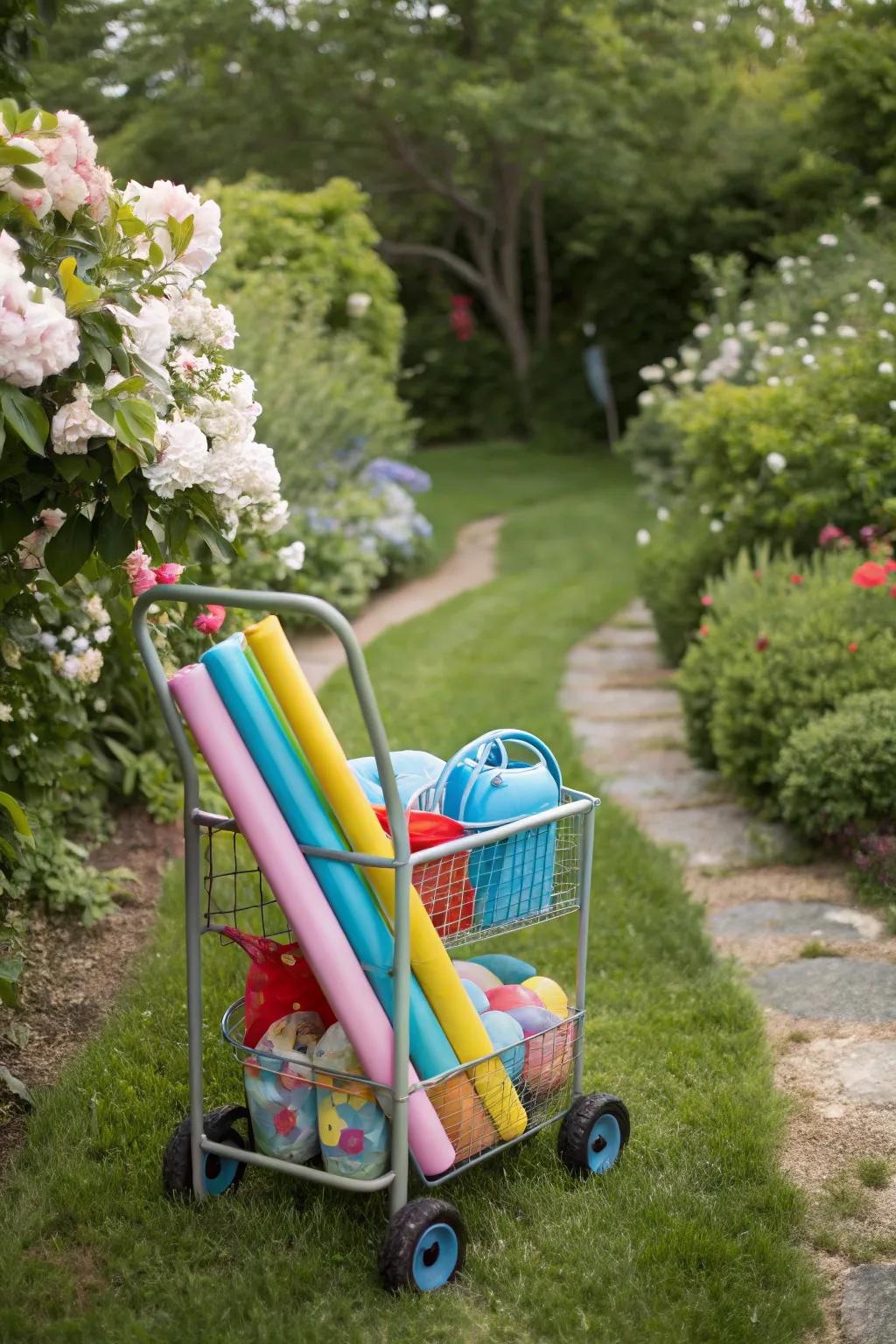 A rolling laundry cart provides a mobile and efficient storage solution.