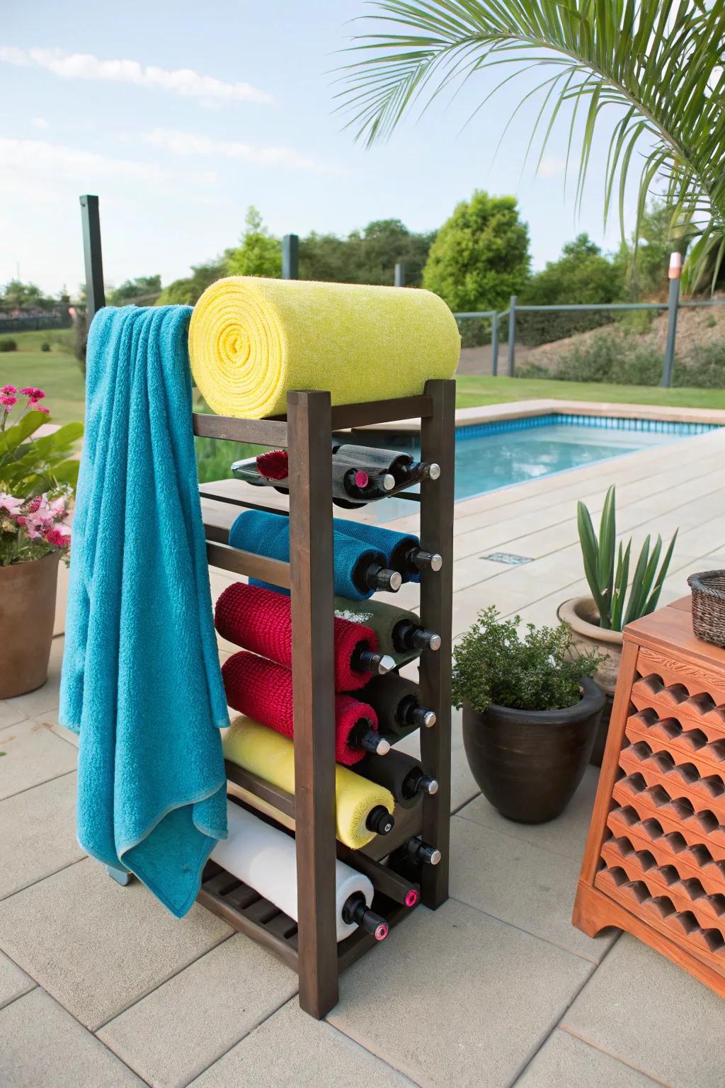An upcycled wine rack offers a chic storage solution for pool noodles.