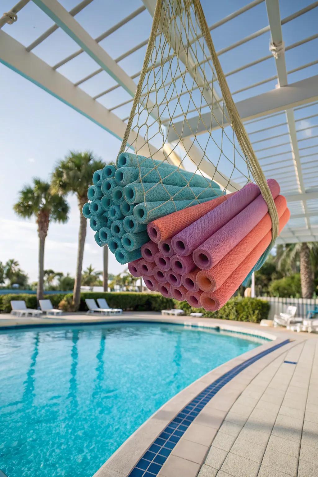 A ceiling-hung net offers a playful and space-saving storage solution.