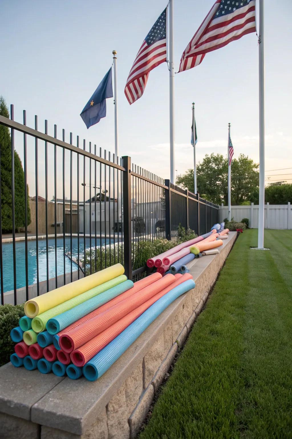 Flag poles creatively provide a ledge for pool noodle storage.