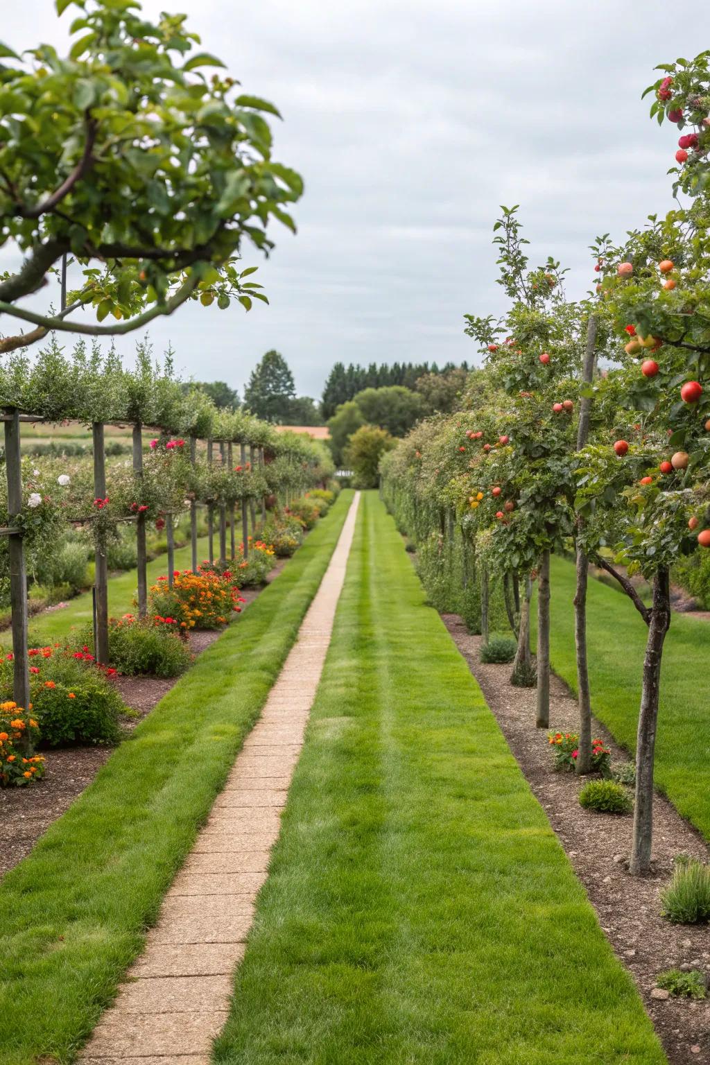 Structured rows and pathways create a neat and accessible fruit garden.