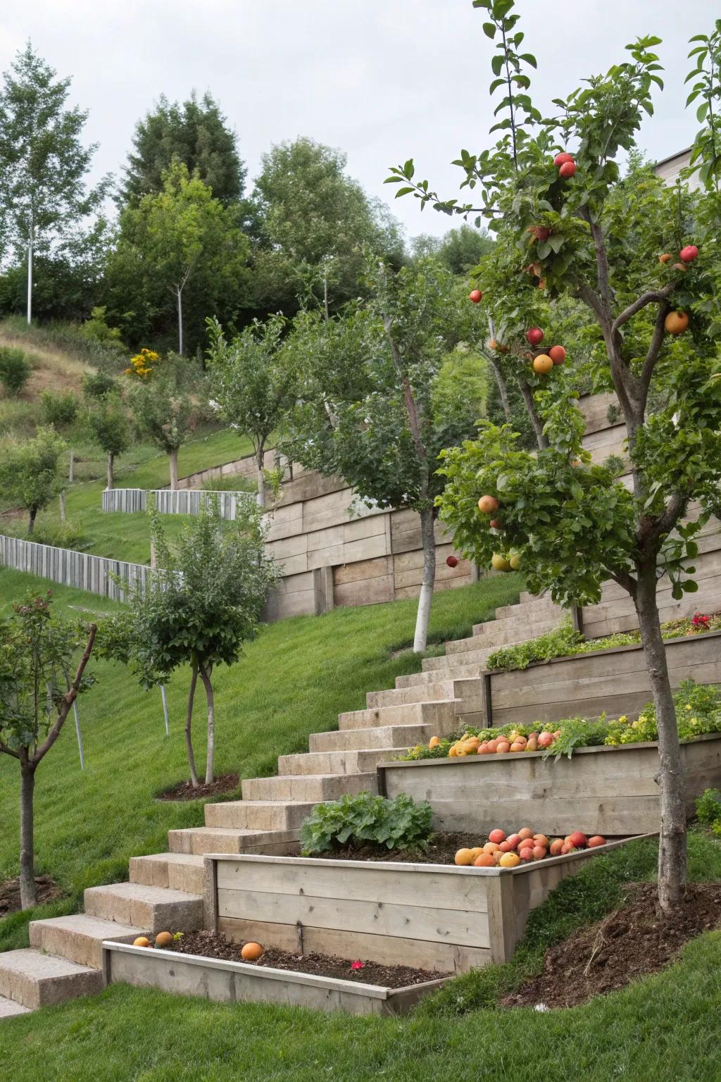 Stepped planting maximizes sunlight exposure and space.