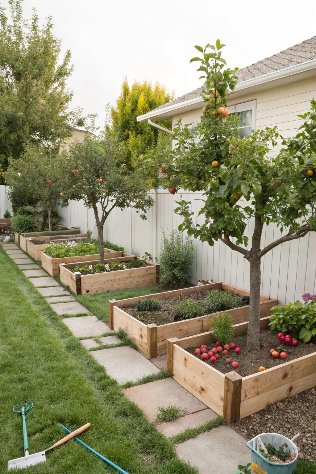 Raised beds enhance soil conditions for thriving fruit trees.
