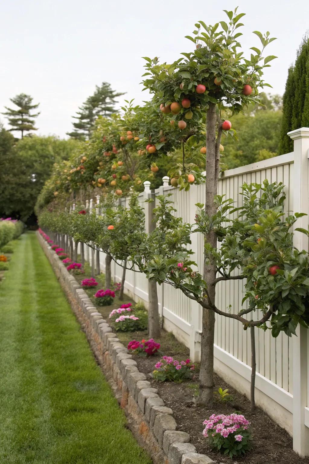 Use garden fences as a canvas for growing fruit trees.