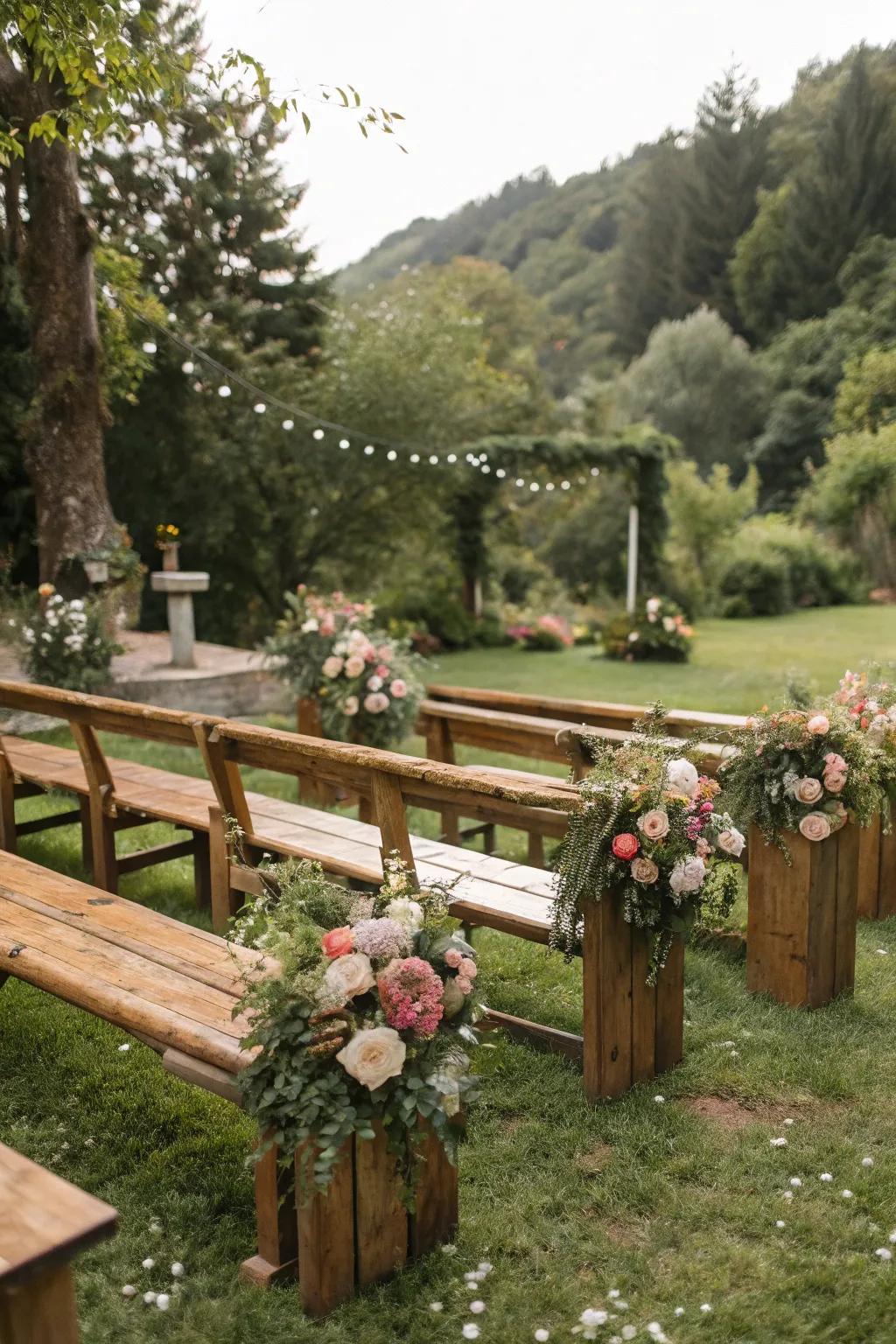 Garden benches offer a charming and intimate seating option.