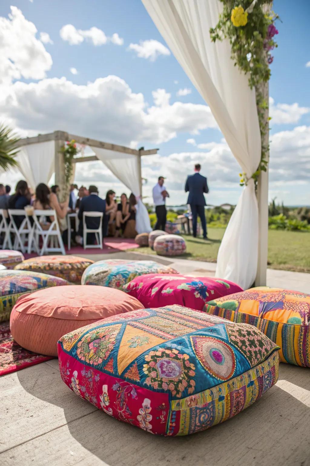 Floor cushions add a laid-back and colorful touch to any wedding.
