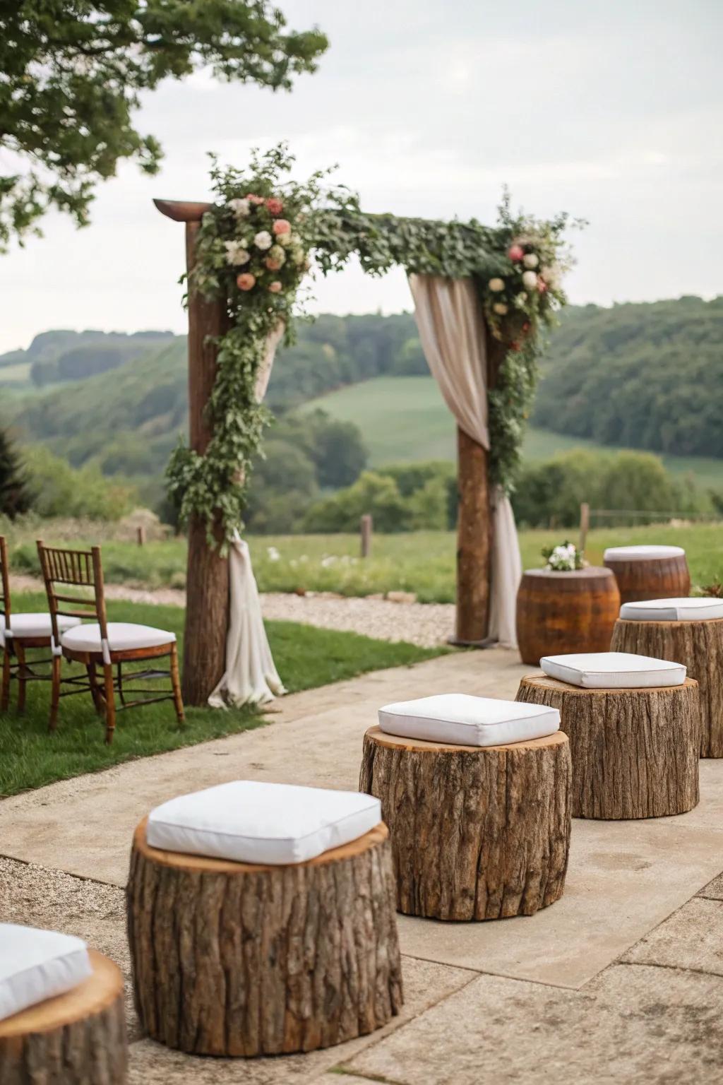 Tree stump stools offer a rustic and natural seating option.
